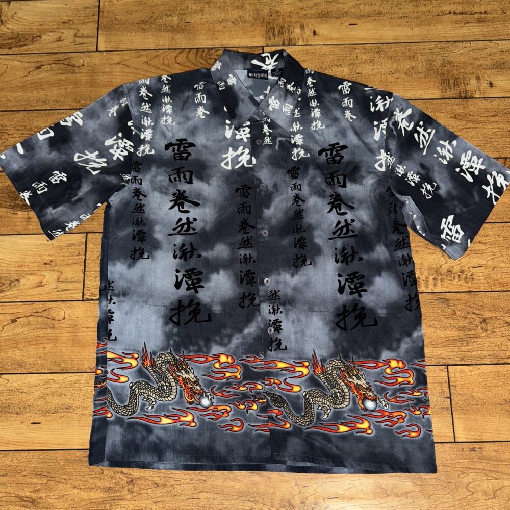 Extreme Limit 100% Polyester Dragon Button Up Shirt Black Small 22x28